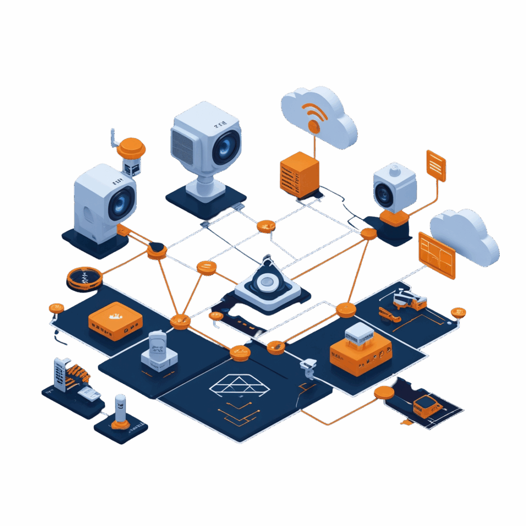 Conjunto de equipamentos de monitoramento e IoT ligados em nuvem.